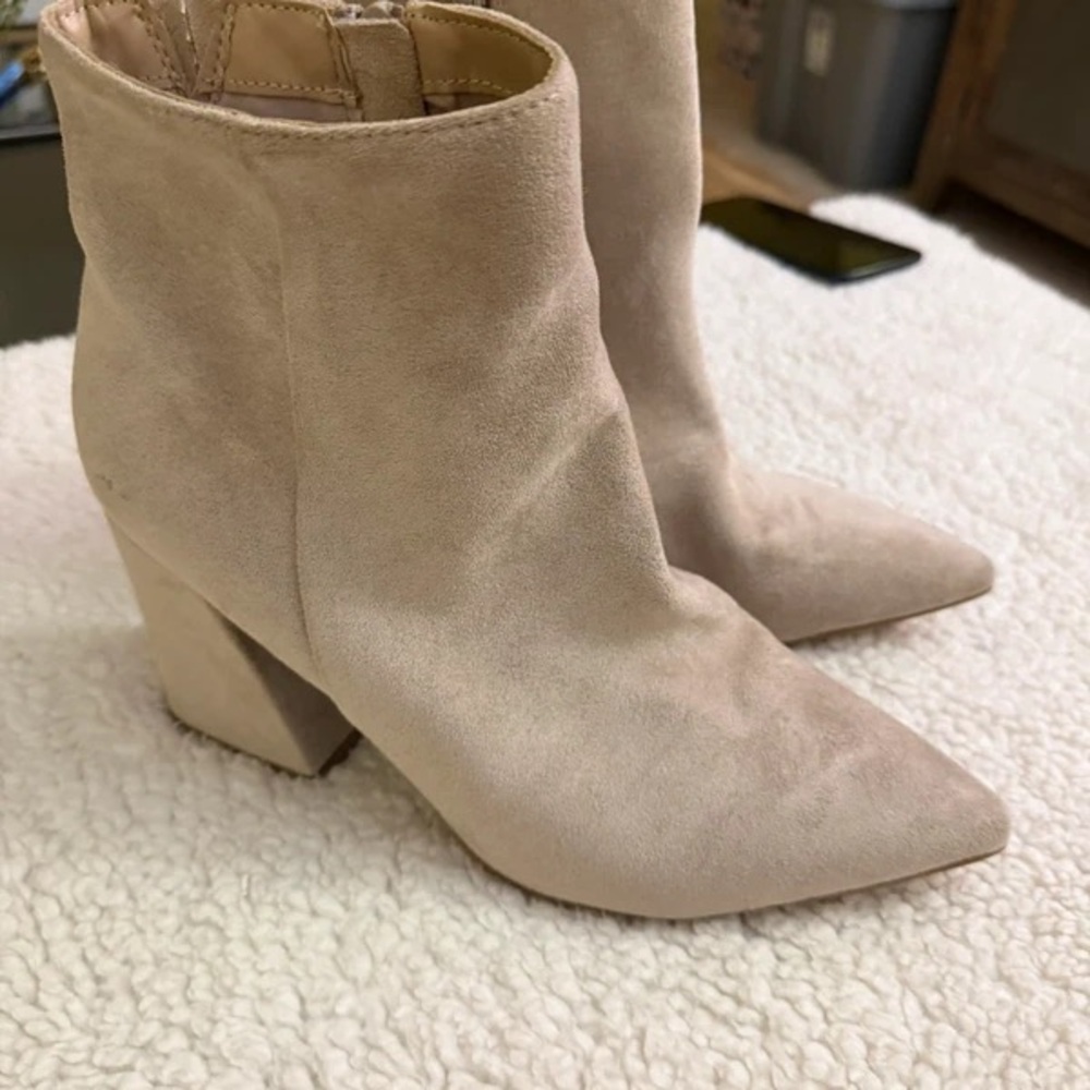Pointed-Toe Suede Block Heel Ankle Boots in Light Beige